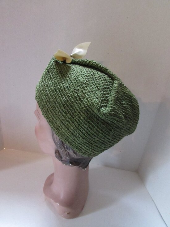 Vintage Knit Cap Spinach Green Vinyl Hat Pins Cat Like main image 5